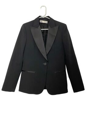 Zara Tuxedo Blazer Womens Size Small Black Satin Trim Single Button EUC Jacket